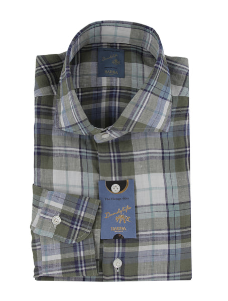 $375 Barba Napoli Green Plaid Linen Shirt - Extra Slim - (BN115262) - Parent