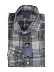 $375 Barba Napoli Green Plaid Linen Shirt - Extra Slim - (BN115262) - Parent