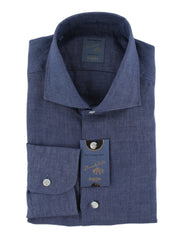 $375 Barba Napoli Blue Solid Linen Shirt - Extra Slim - 15.5/39 - (BN9162516)