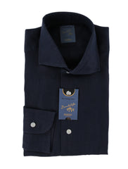 $375 Barba Napoli Navy Blue Linen Shirt - Extra Slim - 15/38 - (BN9162515)