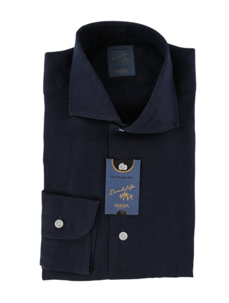 $375 Barba Napoli Navy Blue Linen Shirt - Extra Slim - (BN9162515) - Parent