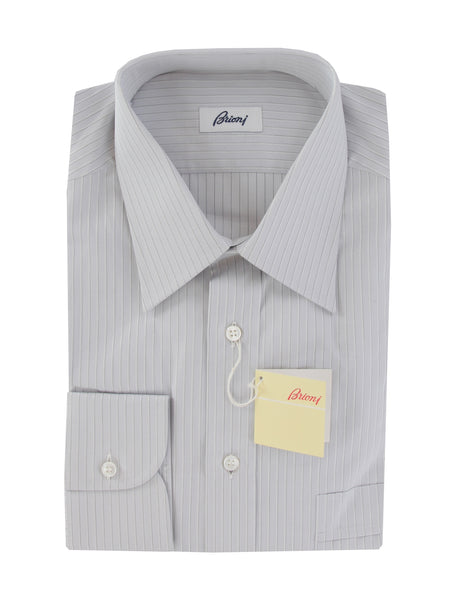 $550 Brioni Light Gray Striped Cotton Shirt - Slim - (BR552614) - Parent