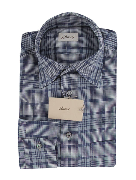$800 Brioni Blue Plaid Cotton Shirt - Slim - (BR55269) - Parent