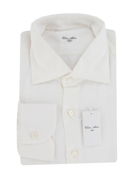 $813 Cesare Attolini White Solid Linen Shirt - Slim - (CA521263) - Parent