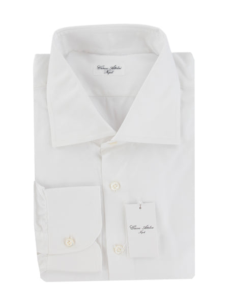 $774 Cesare Attolini White Solid Cotton Shirt - Slim - (CA521264) - Parent
