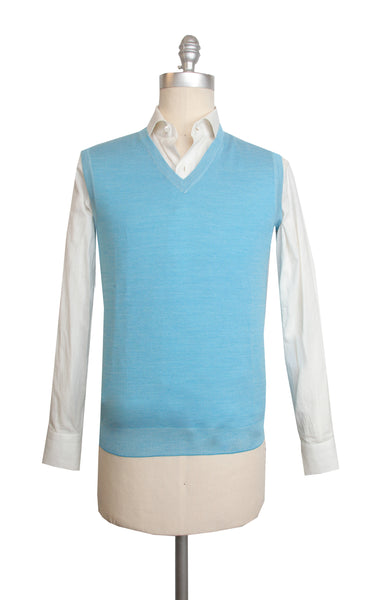 $600 Cesare Attolini Light Blue Wool Blend V-Neck Sweater - (CA1219236) - Parent