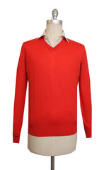 $600 Cesare Attolini Red Sea Island Cotton V-Neck Sweater - (CA1122310) - Parent