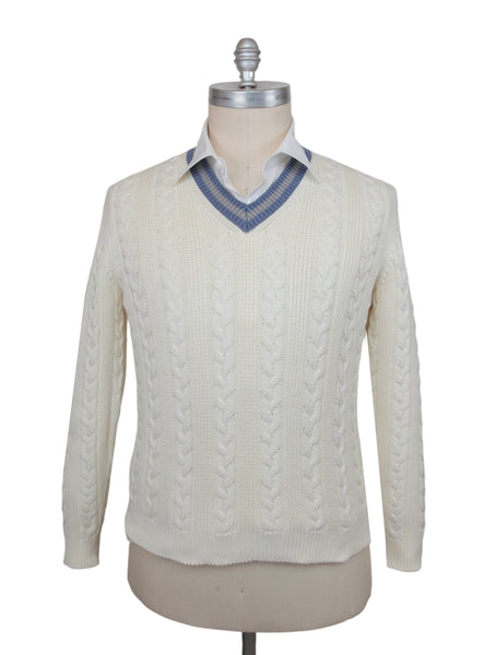 $1560 Cesare Attolini Off White Cotton V-Neck Sweater - (CA124263) - Parent