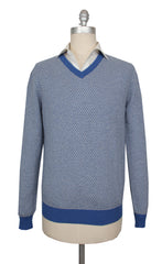 $925 Cesare Attolini Blue Cashmere V-Neck Sweater - (CA1122311) - Parent