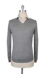 $850 Fedeli Gray Cashmere Blend V-Neck Sweater - L/52 - (FD38251)