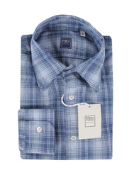 $575 Fedeli Blue Plaid Flannel Shirt - Slim - 15.5/39 - (FD55262)