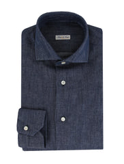 $600 Fiori Di Lusso Dark Blue Solid Cotton Shirt - Slim - 15/38 - (FL7152612)