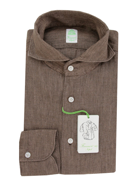 $400 Finamore Napoli Brown Linen Shirt - Extra Slim - (FN716244) - Parent
