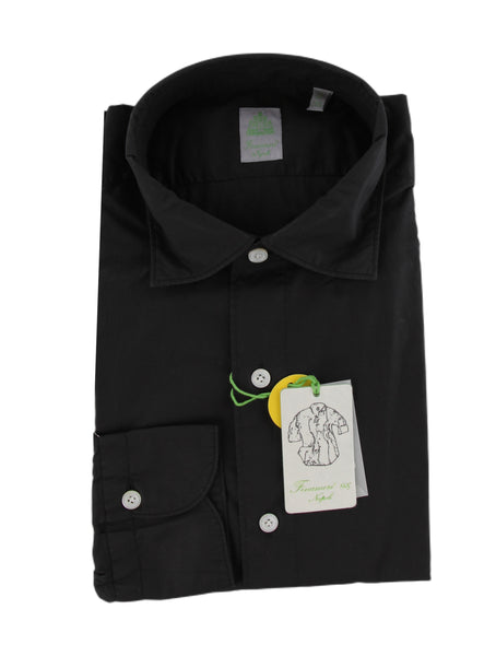 $450 Finamore Napoli Black Cotton Shirt - Extra Slim - (FN1022511) - Parent