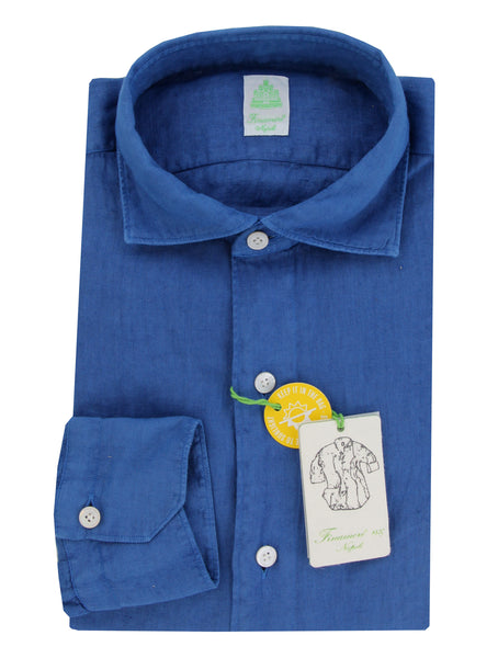 $400 Finamore Napoli Blue Linen Shirt - Extra Slim - (FN7162413) - Parent