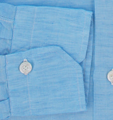 $450 Finamore Napoli Blue Solid Linen Shirt - Slim - (FN1302412) - Parent