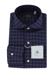 $450 Finamore Napoli Dark Blue Plaid Cotton Shirt - Slim - 15.5/39 - (FN828247)
