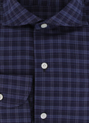$450 Finamore Napoli Dark Blue Plaid Cotton Shirt - Slim - (FN828247) - Parent
