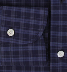 $450 Finamore Napoli Dark Blue Plaid Cotton Shirt - Slim - (FN828247) - Parent