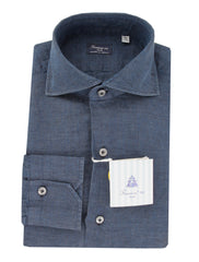 $450 Finamore Napoli Blue Solid Linen Shirt - Slim - (FN192413) - Parent