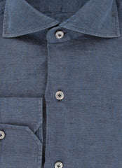 $450 Finamore Napoli Blue Solid Linen Shirt - Slim - (FN192413) - Parent