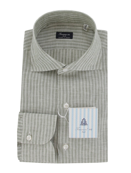 $450 Finamore Napoli Green Striped Linen Shirt - Slim - (FN8282420) - Parent