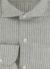 $450 Finamore Napoli Green Striped Linen Shirt - Slim - (FN8282420) - Parent