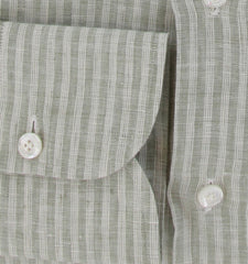 $450 Finamore Napoli Green Striped Linen Shirt - Slim - (FN8282420) - Parent