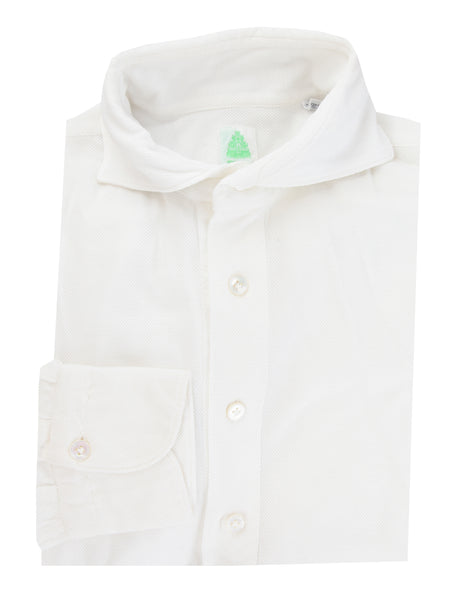 $375 Finamore Napoli White Solid Piqué Shirt - Slim - (FN916262) - Parent