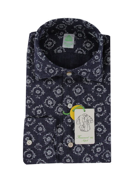 $375 Finamore Napoli Navy Blue Linen Shirt - Extra Slim - (FN222256) - Parent