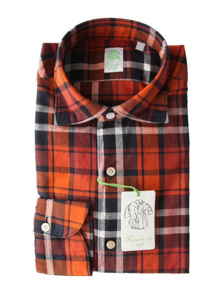 Finamore Napoli Orange Check Cotton Shirt - Extra Slim - (FN512227) - Parent