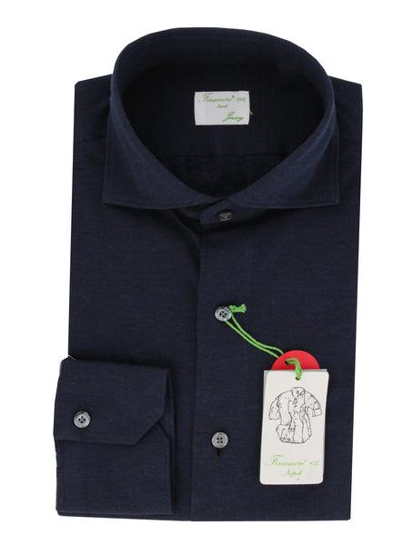 $400 Finamore Napoli Dark Blue Solid Cotton Shirt - Extra Slim - (FN130247) - Parent