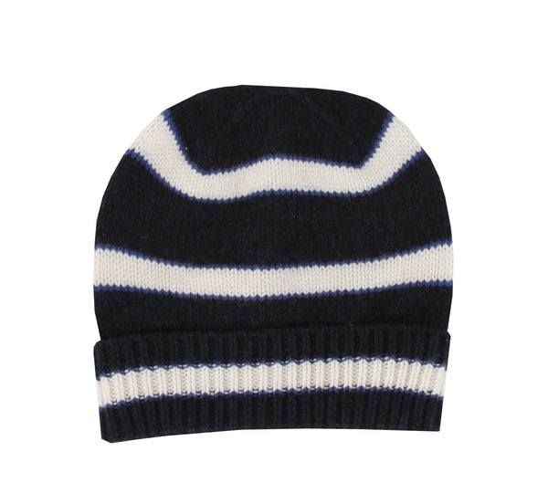 $395 Isaia Dark Blue Striped Cashmere Beanie - (IS7292610) - Parent