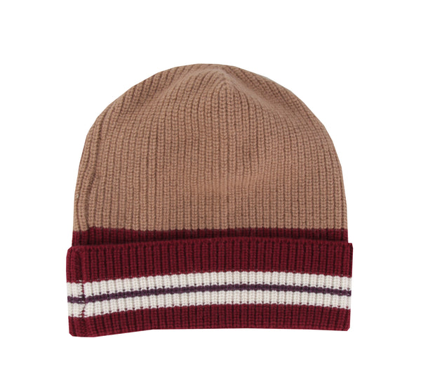 $395 Isaia Light Brown Striped Cashmere Beanie - (IS729264) - Parent