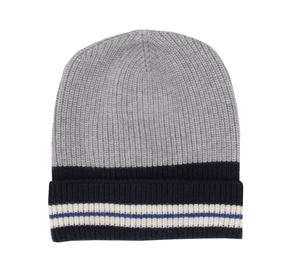 $395 Isaia Gray Striped Cashmere Beanie - (IS729269) - Parent