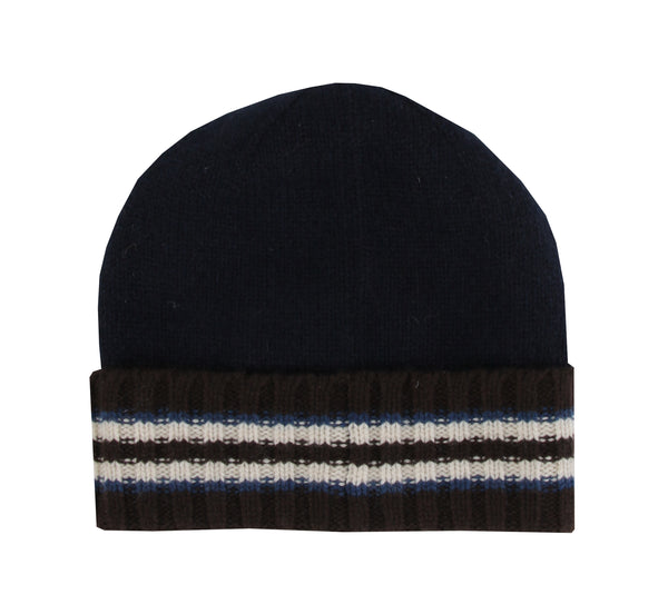 $395 Isaia Dark Blue Striped Cashmere Beanie - (IS729261) - Parent