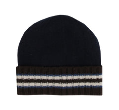 $395 Isaia Dark Blue Striped Cashmere Beanie - (IS729261) - Parent