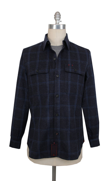 $1795 Isaia Dark Blue Plaid Wool Blend Overshirt - (IS429263) - Parent