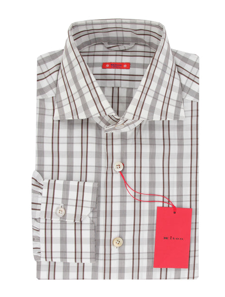 $600 Kiton Dark Brown Plaid Cotton Shirt - Slim - (KT9122319) - Parent