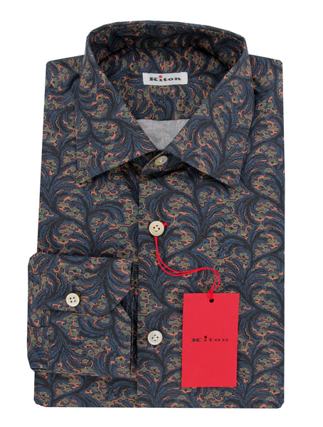 $600 Kiton Dark Blue Fancy Cotton Shirt - Slim - (KT916263) - Parent