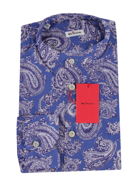 $600 Kiton Blue Paisley Cotton Shirt - Slim - (KT314262) - Parent