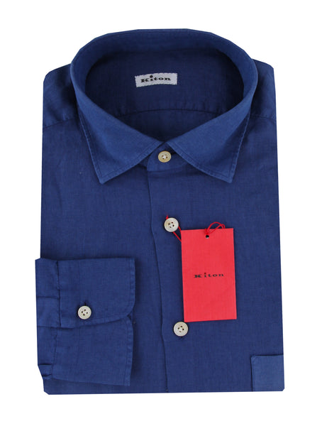 $600 Kiton Blue Solid Linen Shirt - Extra Slim - (KT314265) - Parent