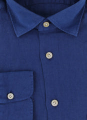 $600 Kiton Blue Solid Linen Shirt - Extra Slim - (KT314265) - Parent