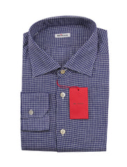 Kiton Dark Blue Check Linen Shirt - Slim - 18/45 - (KT12102211)