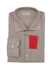 Kiton Light Brown Micro-Check Linen Shirt - Slim - 18/45 - (KT11162220)