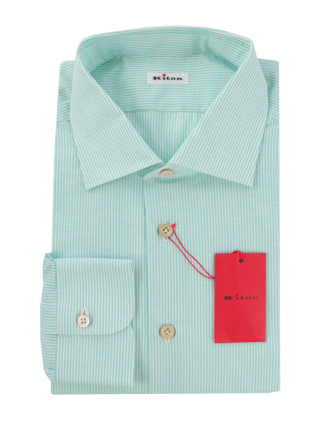 $600 Kiton Light Green Striped Shirt - Slim - (KT11142323) - Parent