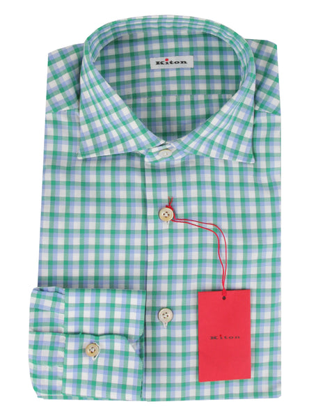 $600 Kiton Green Plaid Cotton Shirt - Slim - (KT11222310) - Parent