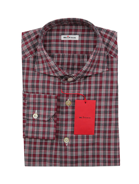 Kiton Burgundy Red Plaid Cotton Shirt - Slim - (KT1224224) - Parent