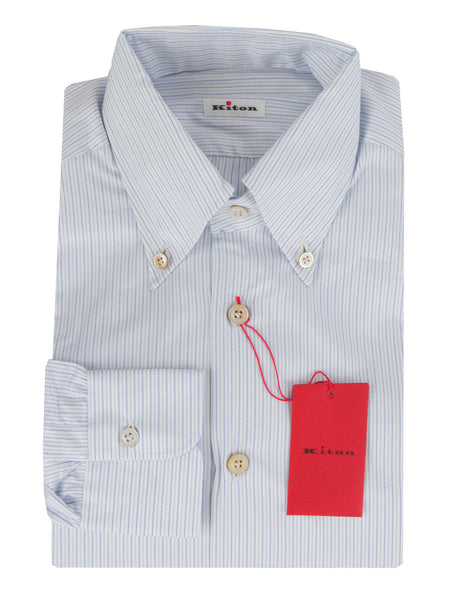 $600 Kiton Light Blue Striped Cotton Shirt - Slim - (KT11142314) - Parent