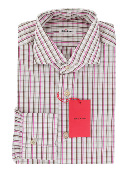 $600 Kiton Brown Plaid Cotton Shirt - Slim - (KT1122235) - Parent